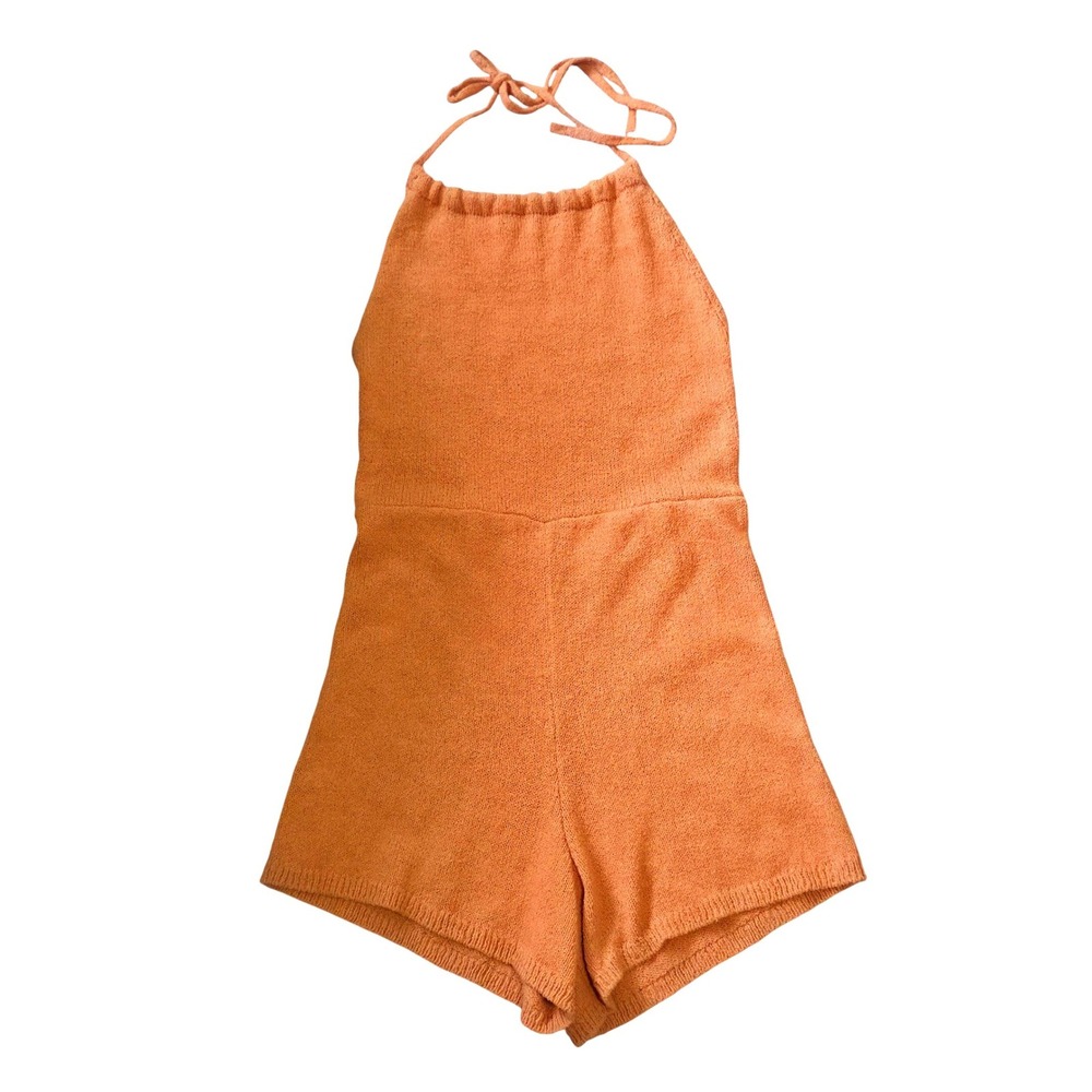 FP Beach Free People Halter Neck Knit Romper Orange Open Back OB129 Womens Small - Picture 2 of 9
